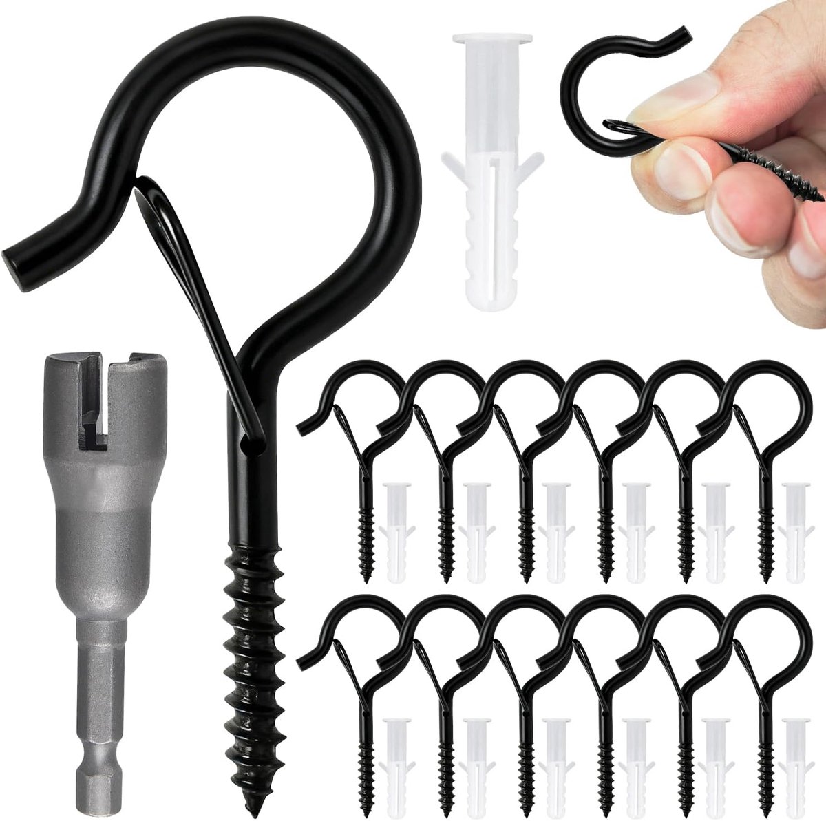 Haken, Kopjeshaken met Veiligheidssluiting voor Fairy Lights, Planten, Vogelvoeders, Kopjes, Buitenverlichting, Hek, Plafond (Zwart)