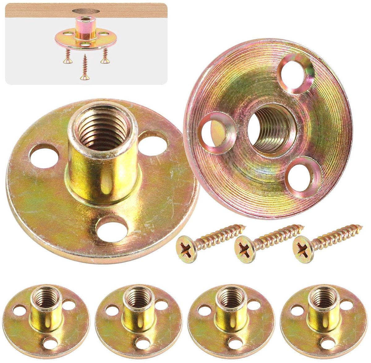 64 stuks M10 Brad Hole Tee Moer Koolstofstaal Schroef in T Moeren Ronde Base Montage Hardware Montage Hardware Montage Bevestigingsflens Insert Vrouwelijke Draad met Schroeven (M10-64PCS)