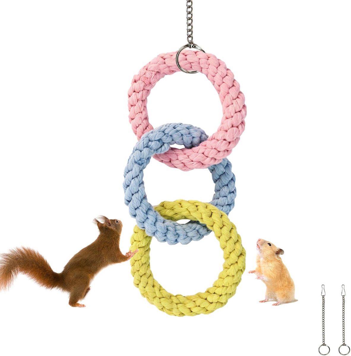 Speelgoed, kleurrijk drieringen, katoenen touw, zeevaartjes, speelgoed met haken, hamsteraccessoires voor eekhoorns, vogels, hamsters, klimmen, fretten, eekhoorns, chinchilla (geel +
