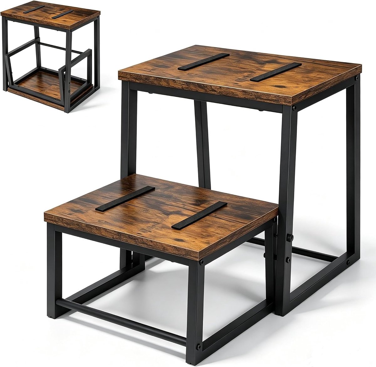 Opstapkruk, 2 treden, inklapbaar, hout, 3-in-1, bruin