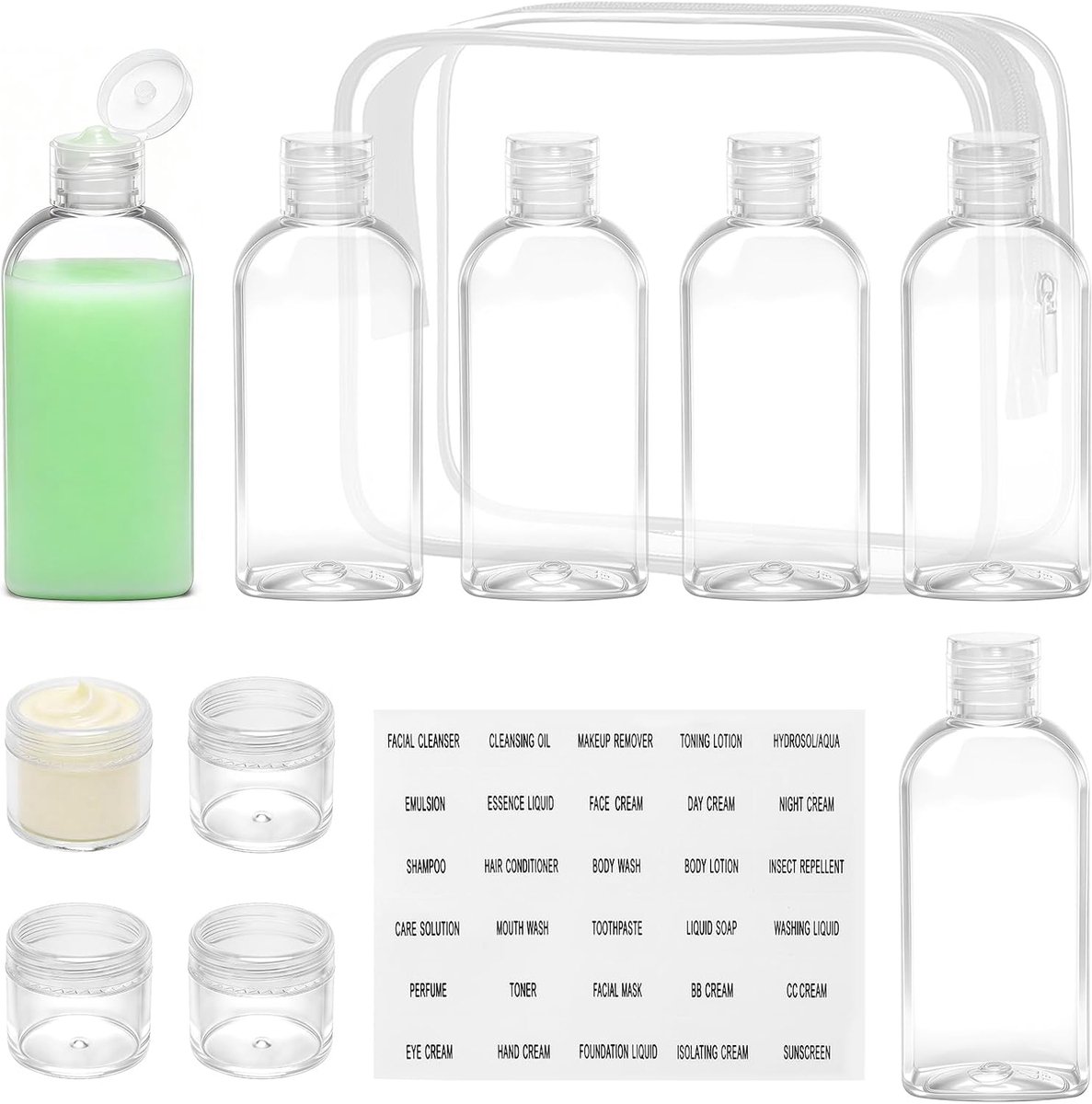 Containers voor toiletartikelen, 12 stuks, TSA-goedgekeurde navulbare plastic reisflessen set met doorzichtige make-uptas, lekvrije toiletflessen voor vrouwen mannen vliegtuig