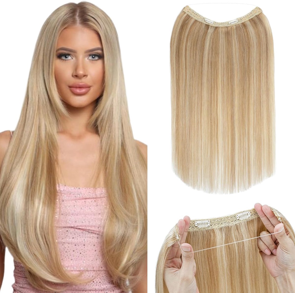 Wire in Extensions van echt haar met elastiek, goudbruine highlights bleekblond, 60 g, geheime haarextensies, haarverlenging voor vrouwen, 40 cm, #12P613