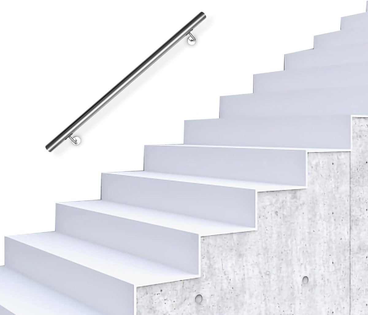 Stalen trapleuning, trapleuning, wandleuning, muur, trap voor binnen en buiten, stang incl. wandhouder en eindkappen, Ø 42 mm, lengte: 100 cm