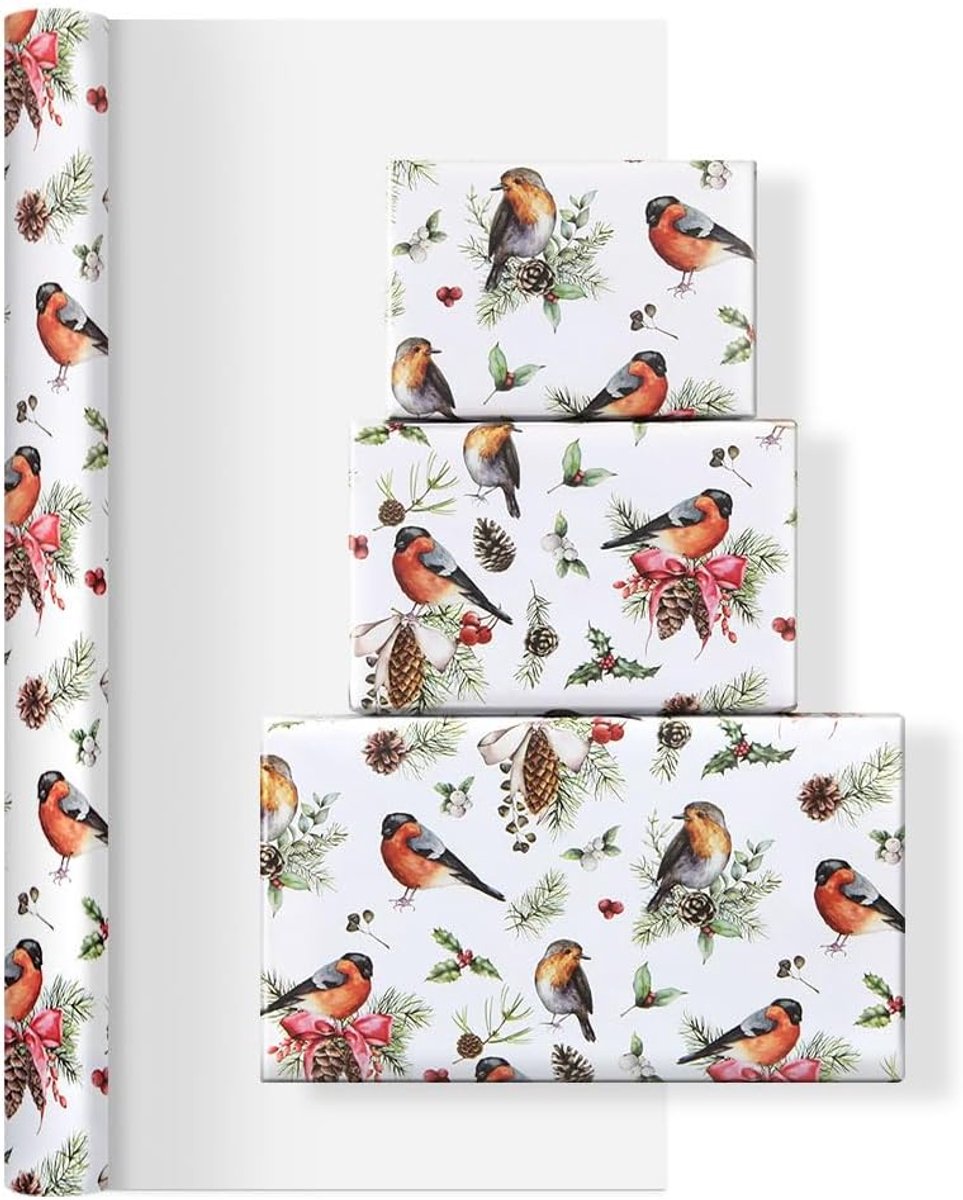Inpakpapier met kerstmotief in het winterbos, kardinaal roodborstje, bosbessen, dennenappels op wit kerstcadeaupapier, 1 mini-rol, 43 x 300 cm per rol, voor winterzonnewering