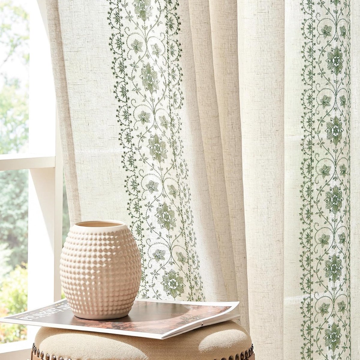Gordijnen woonkamer linnenlook 140 x 175 cm set van 2 bloemen geborduurde gordijnen slaapkamer moderne gordijnen beige en groen met stangdoorgang kinderkamer gordijn vintage landhuisstijl
