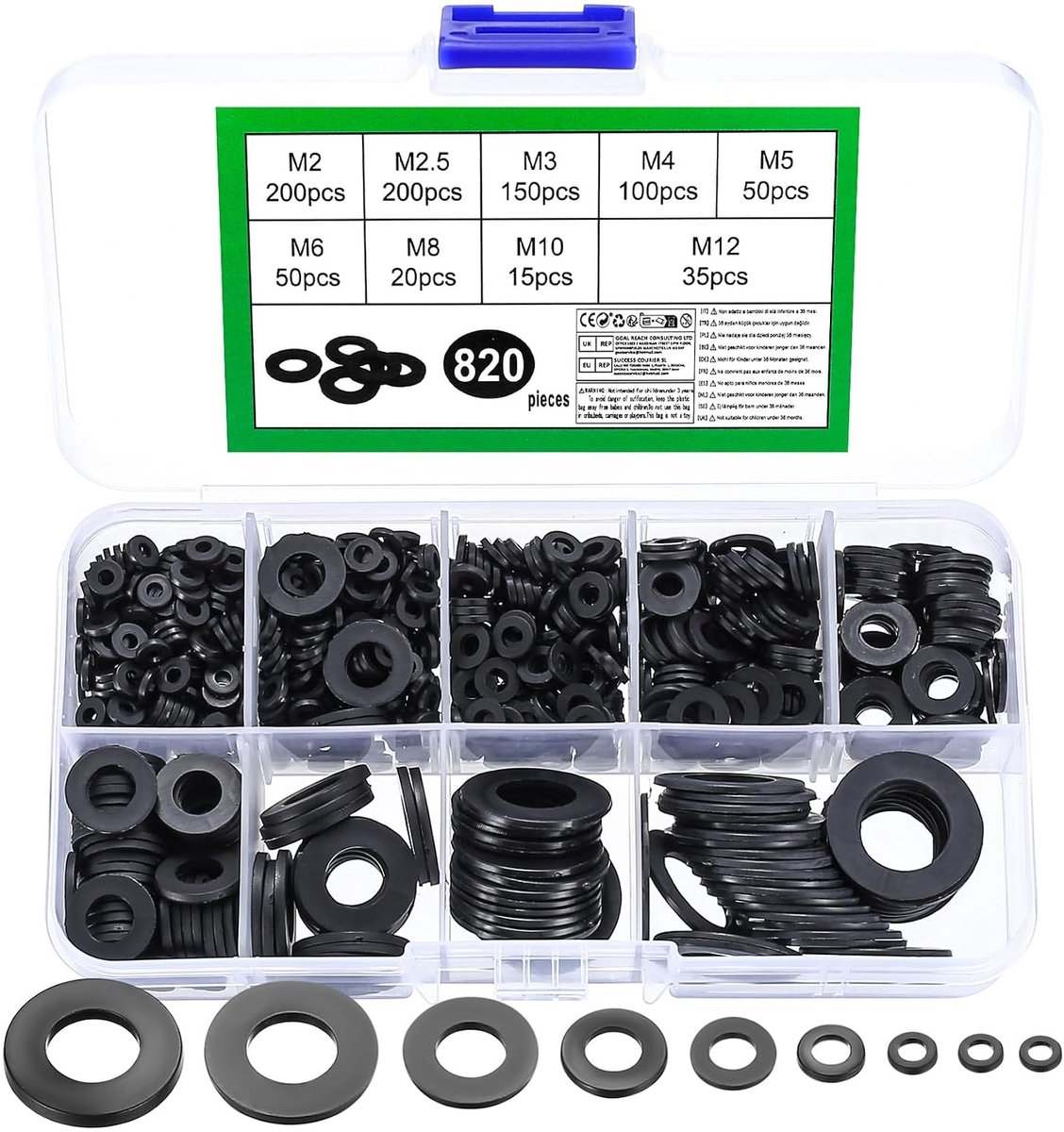 820 nylon sluitringen, kunststof sluitringen, zwart, platte sluitringen, nylon afstandshulzen assortiment, afstandhouders voor mechanisch, M2/M2.5/M3/M4/M5/M6/M8/M10/M12 (zwart)