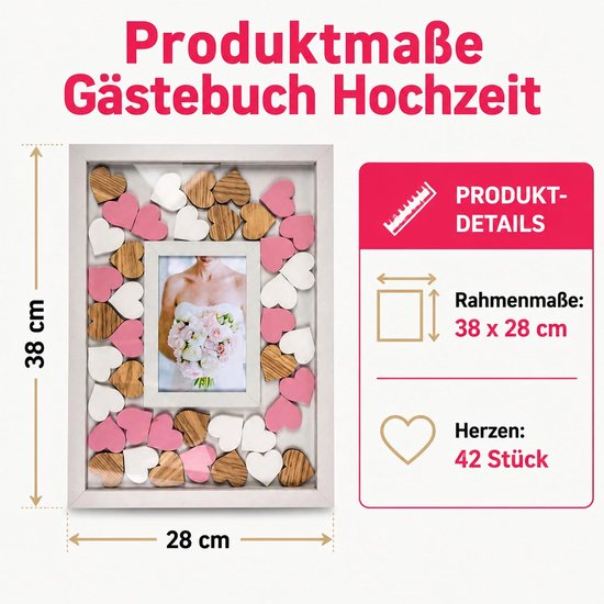 Gastenboek bruiloft in fotolijst met 72 houten harten om te beschrijven - bruiloftsgastenboek, MDF houten lijst wit, 43 x 31 cm (harten bont) — afbeelding 3