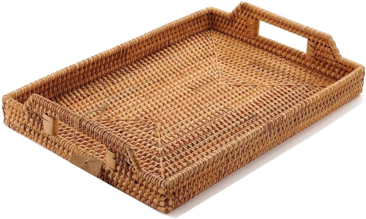 Serveerdienblad, rechthoekig, 43 × 29 × 4,5 cm, handgevlochten dienblad met handgrepen, natuurlijk decoratief dienblad voor ontbijt, koffie, snacks of salontafel