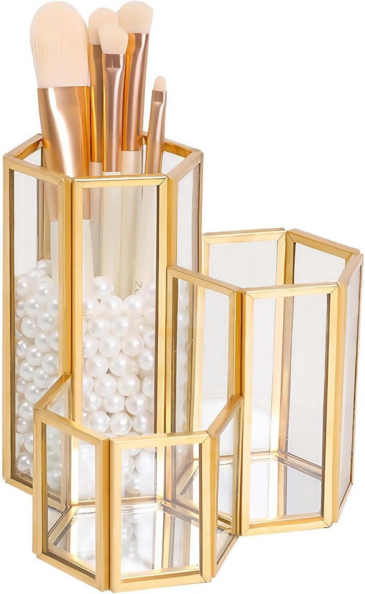 Organizer, beauty organizer, sieraden-/penseelhouder, goud, glazen cosmetica box, transparant decoratief blad
