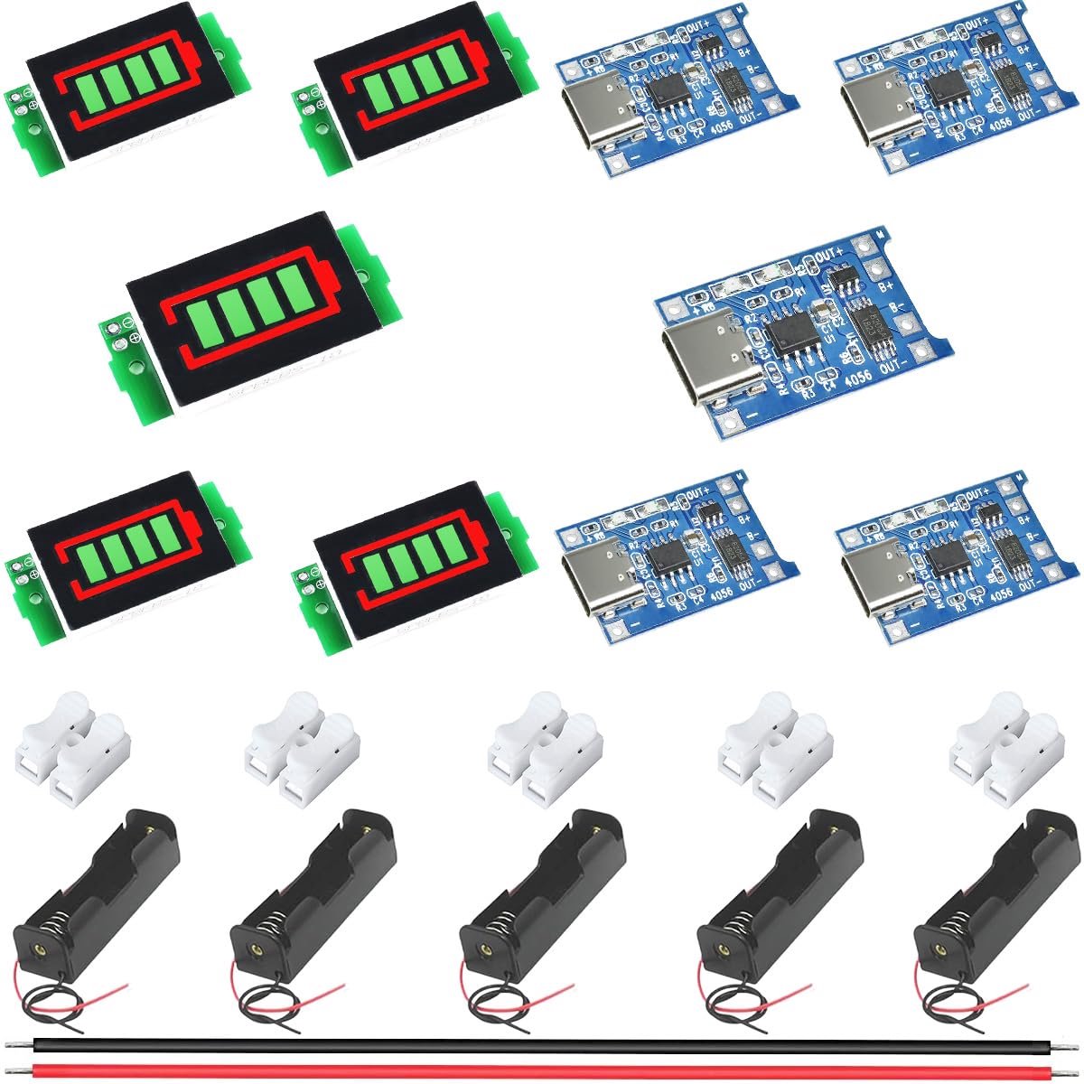 5 Pcs 5V 1A Lithium Battery Charging Module + 5 Capacity Indicator Modules for Lithium Battery with Green Display - ShopVlot
