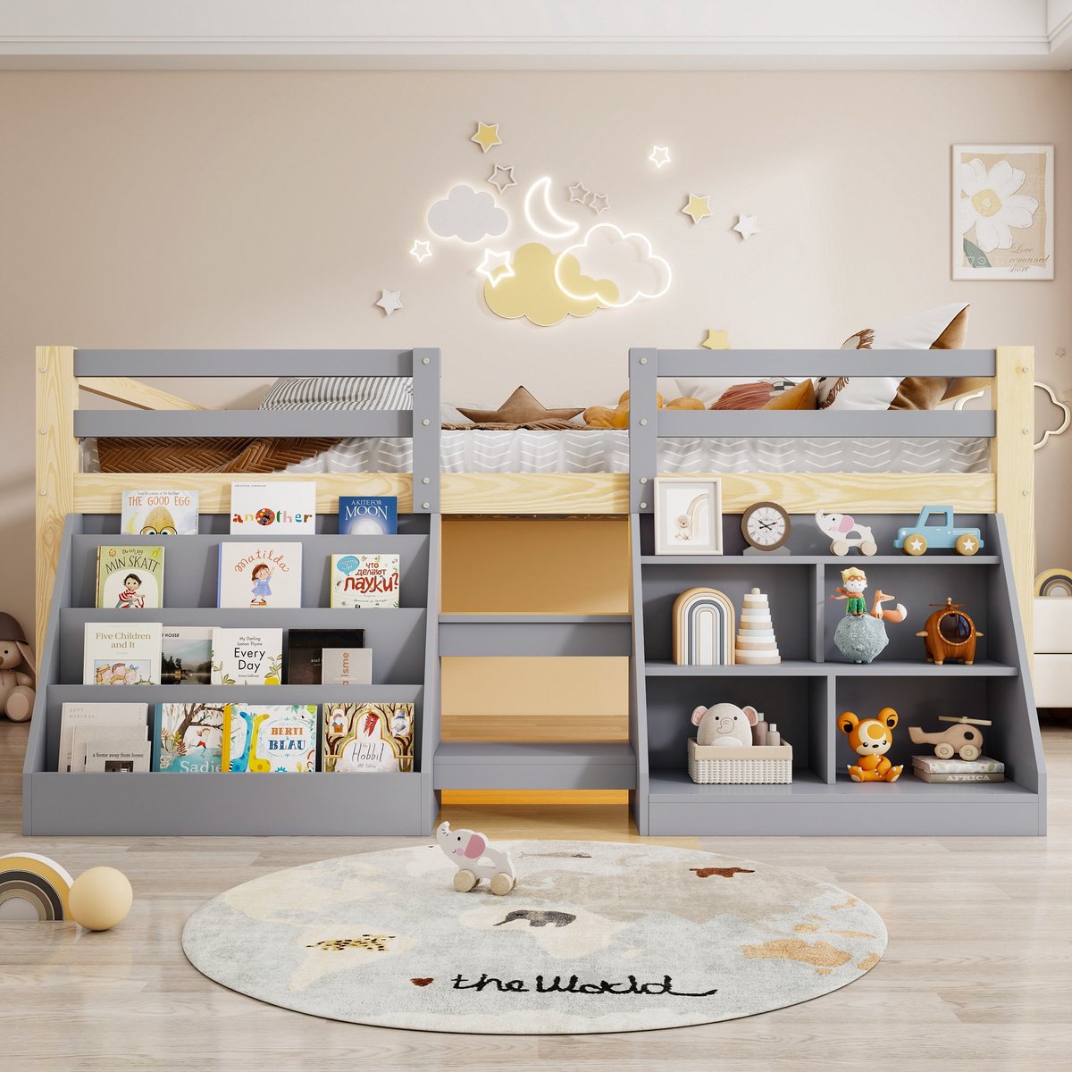 Merax Halfhoogslaper 140 x 200 cm, met plank, met LED-verlichting, met opbergruimte, zonder matras, grijs