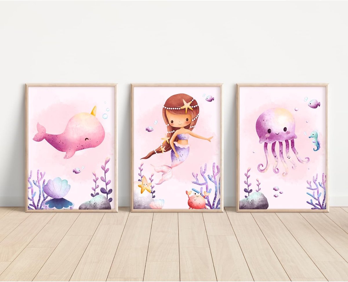 SnelShoppen - Set van 3 Mermaid Posters DIN A4 voor Kinderkamer, Meisjes Decoratie, Magische Behang voor Baby- en Kinderen, Perfect als Cadeau voor Ve