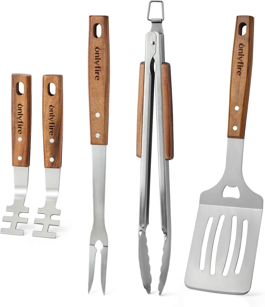 SnelShoppen - 5-delige RVS Grillset met Houten Handgrepen - BBQ Gereedschap met Grilltang, Spatel, Vork en 2 Grillrooster Lifters - Perfect voor Tuinf