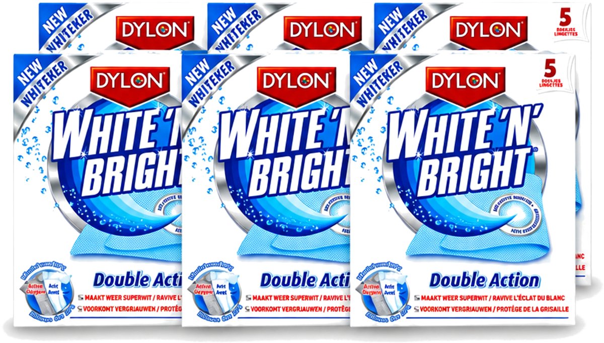 6 x Dylon - Vlekverwijderaar - White & Bright - Superwit & Vlekkeloos - 5 Doekjes - Voordeelverpakking - 6 stuks