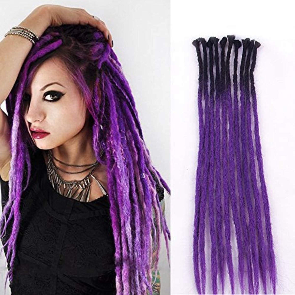 Dreads 61 cm 10 strengen ombre zwart en paars dreadlocks extensions reggae handgemaakt gevlochten haar
