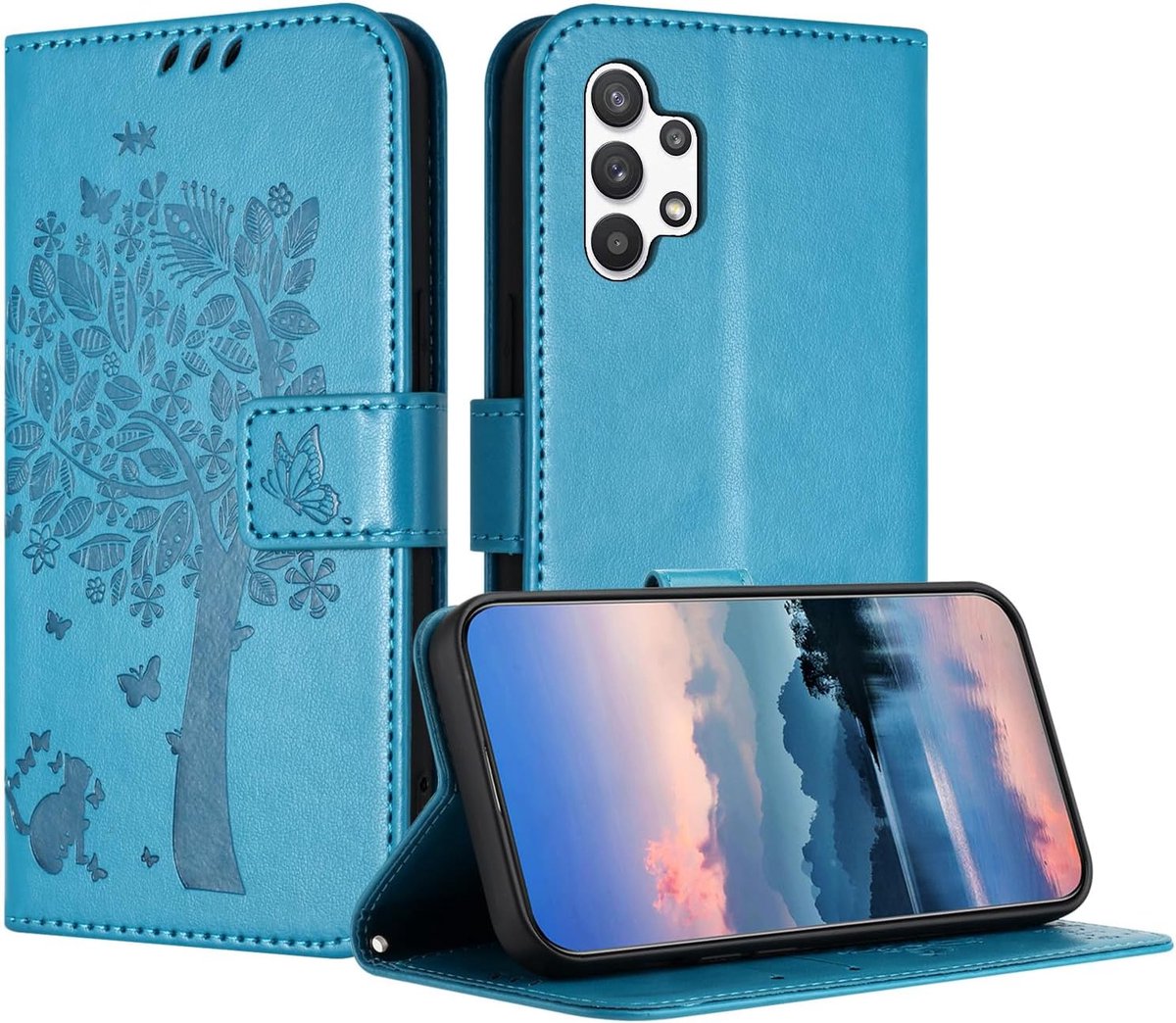 Hoes voor Samsung Galaxy A32 5G/M32 5G, PU-leren portemonneehoes met reliëf met kaartenvak en magneetsluiting standfunctie hoesje compatibel met Samsung A32 5G - Blauw