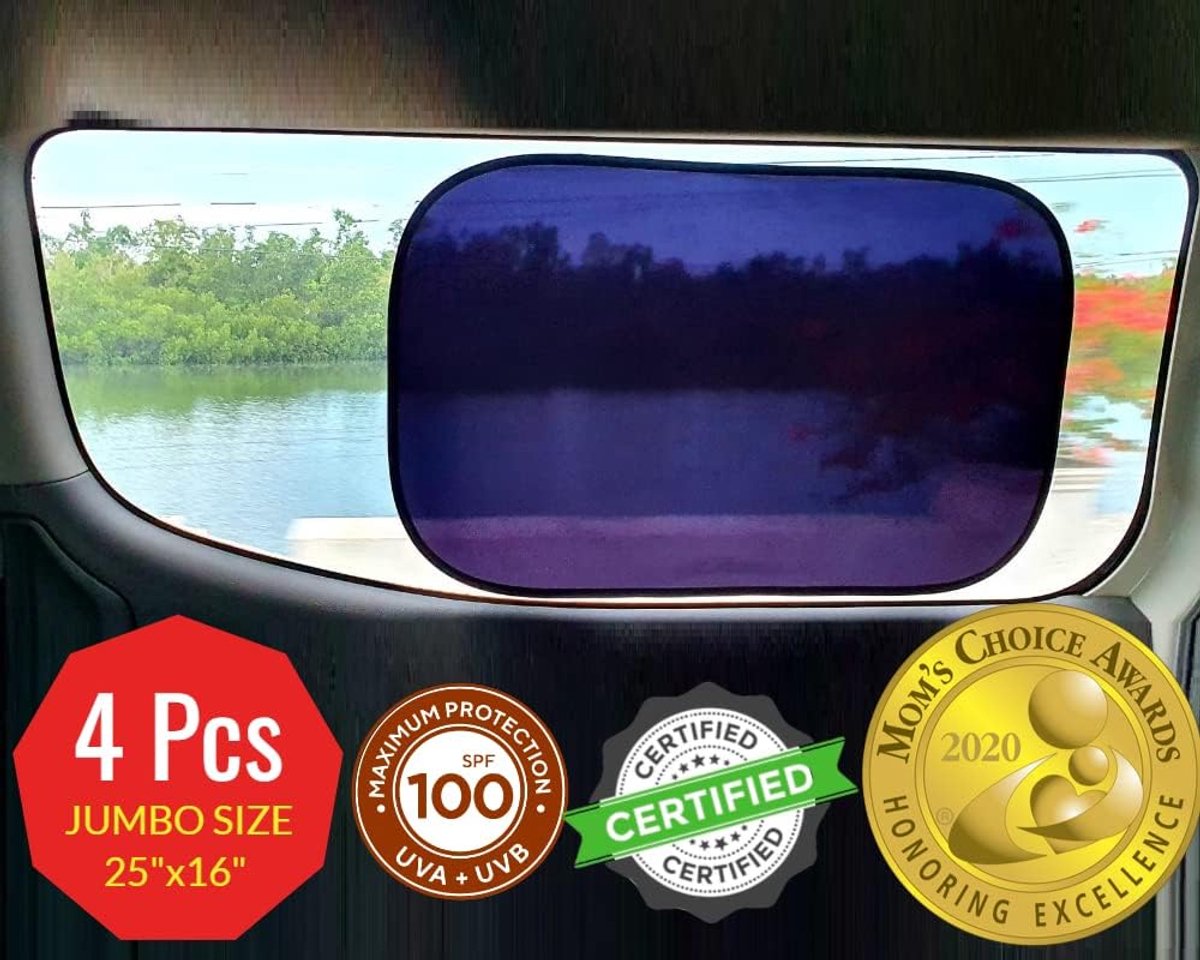 Window Shades - Certified 99.79% UVA & 99.95% UVB sun protection. Award winning car sun shade for side windows. 4 Pack Semi Transparent 25" x 16" - Car accessories interior by Kinder Fluff