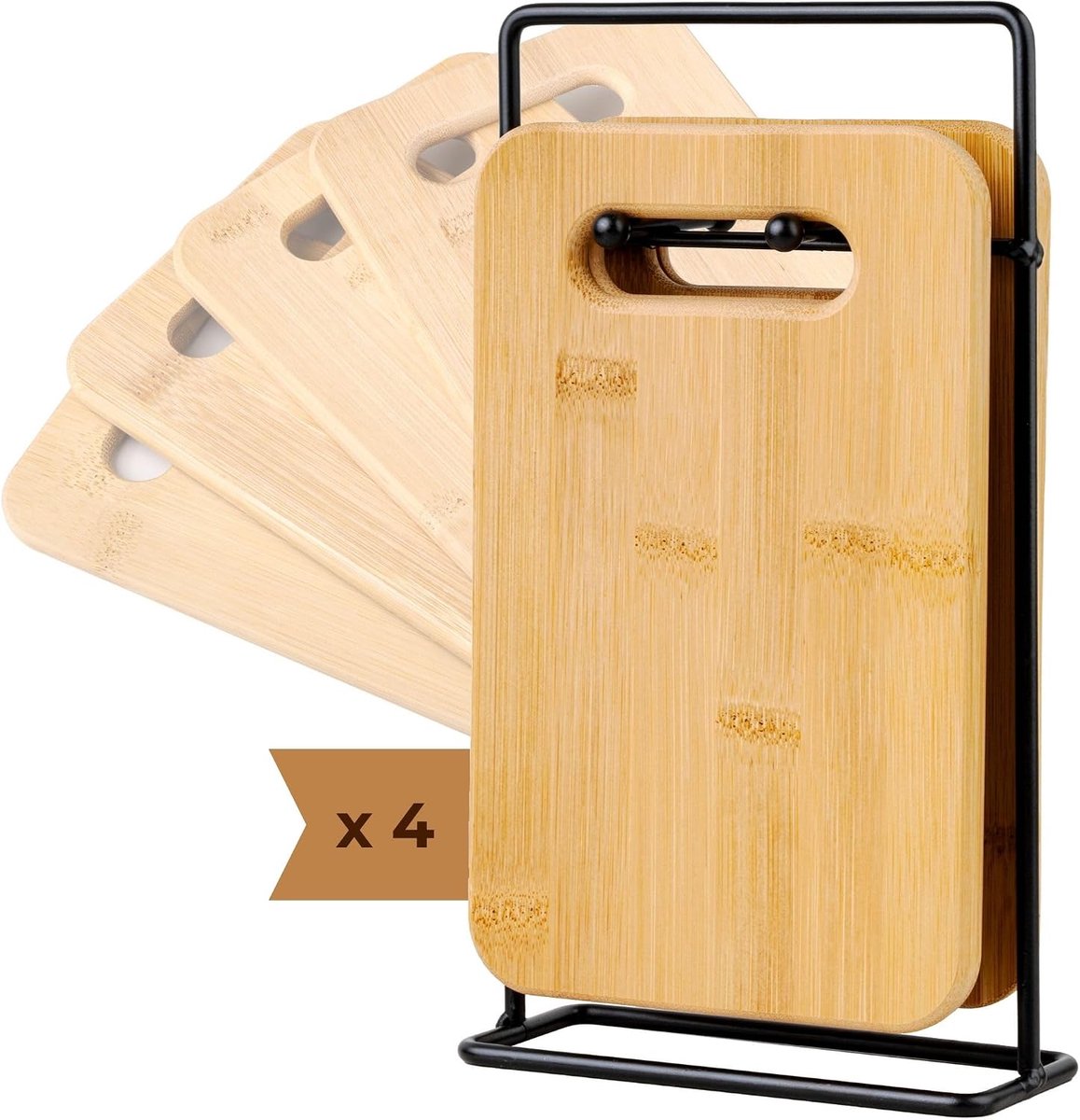 Snijplank met standaard (set van 4). Professionele houten snijplank voor het snijden en hakken van vlees, worst, kaas, brood, enz. Bamboe plank