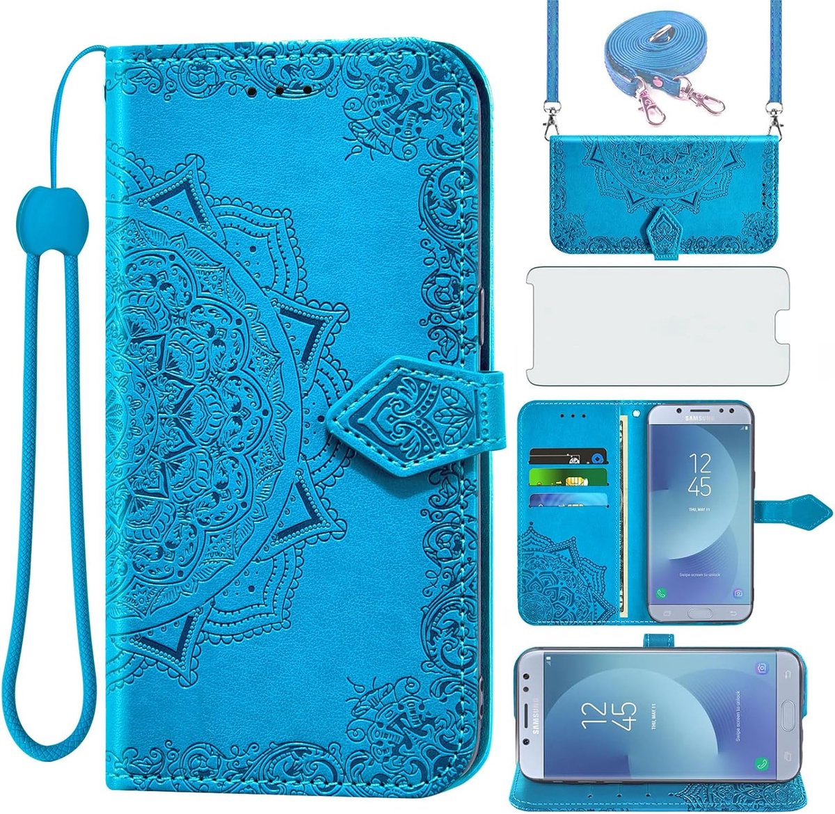 Hoes voor Samsung Galaxy J5 2017 met Koord en Gehard Glas Screen Protector met Card Holder Stand Leather Wallet Flip Hoesje J5 Pro Duos SM-J530F/DS J530F Telefoonhoesje Phone Cover Case Blauw