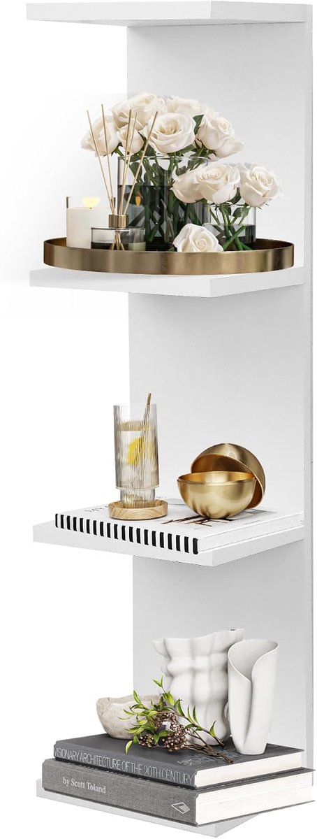 Wandrek met 4 niveaus, verticaal zwevend rek voor opslag en interieurdecoratie, wit gelakt wandrek voor slaapkamer, woonkamer en kantoordecoratie (1 stuk