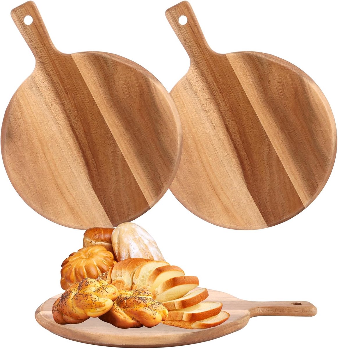 2 stuks snijplank hout met handvat, Ø 30,5 cm pizzabord hout, duurzaam ronde pizzaplank van hout, bruin pizza plank voor het hakken en serveren van worst, kaas, pizza, brood