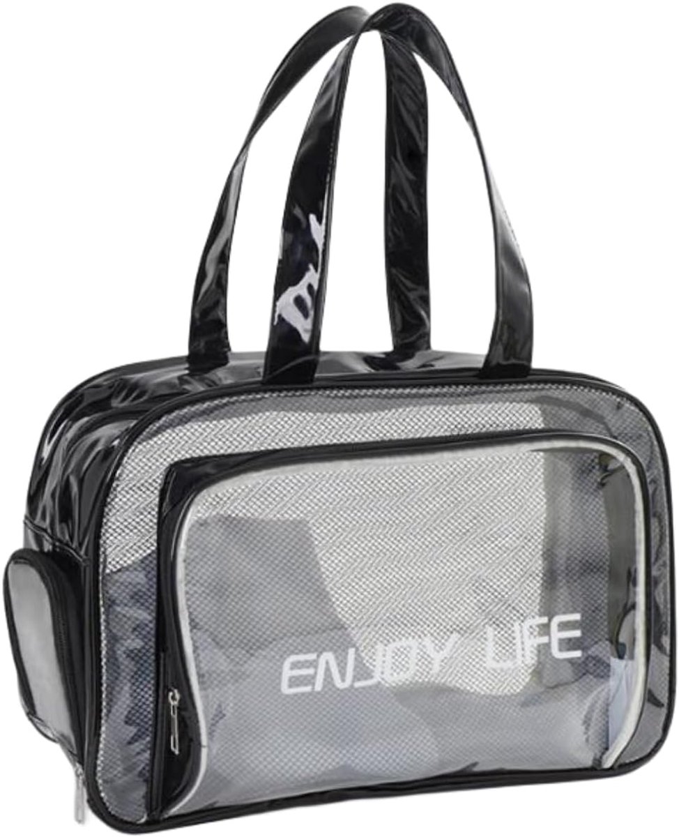 Tas, badtas, strandtas, toilettas, transparante toilettas voor dames en heren, met schoenenvak, ritssluiting, 2 vakken voor sport, badtas, strandtas, zwart, Classic