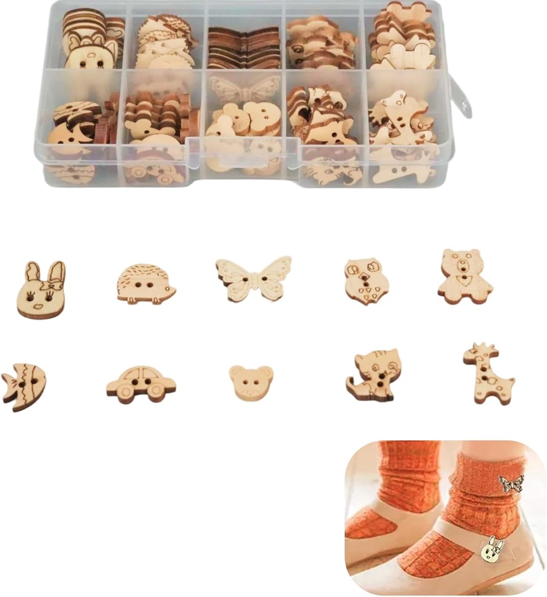 Knopen, handgemaakt, dierenvorm, 2 gaten, hout, met kunststof doos, knutselen, scrapbooking, doe-het-zelfdecoratie, 100 stuks, 15-23 mm, ideaal voor kinderprojecten