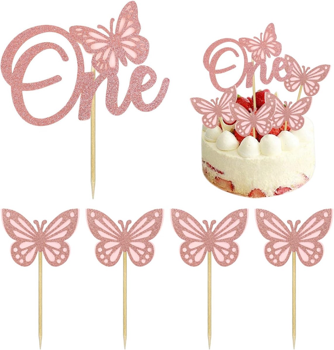 1 letter één, 4 inzetstukken met vlinder, taartdecoratie voor babyshower, taartdecoratie voor het eerste verjaardagsfeest