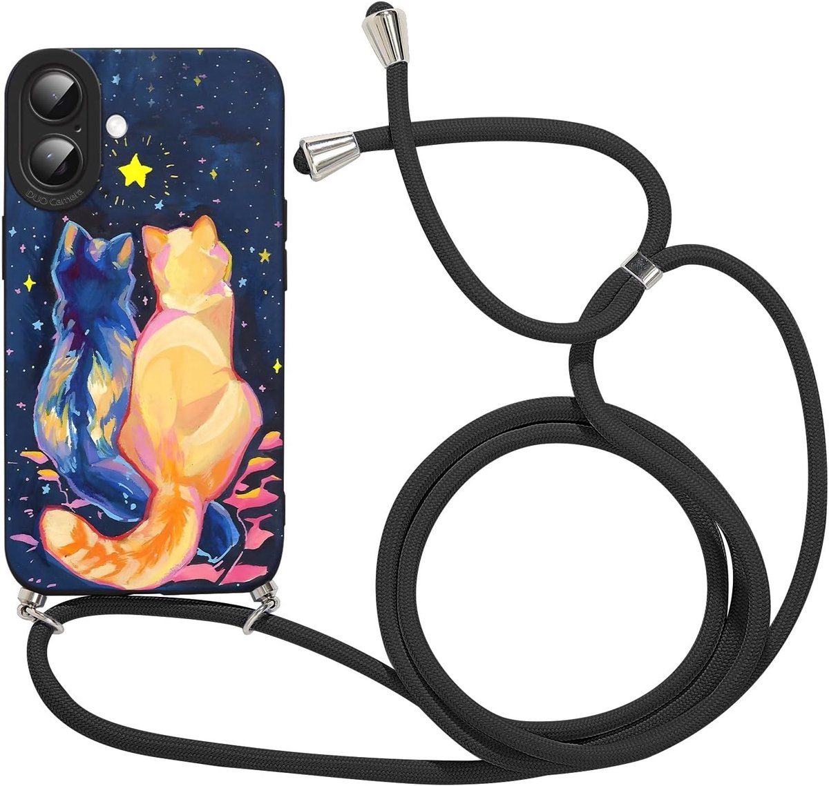 Beschermhoesje met koord voor iPhone 16 Plus 6,7 inch (17 cm), zachte thermoplastische polyurethanen (TPU)-siliconen, kattenpatroon, zwart, met verstelbare hanger, halsband, ketting, koord