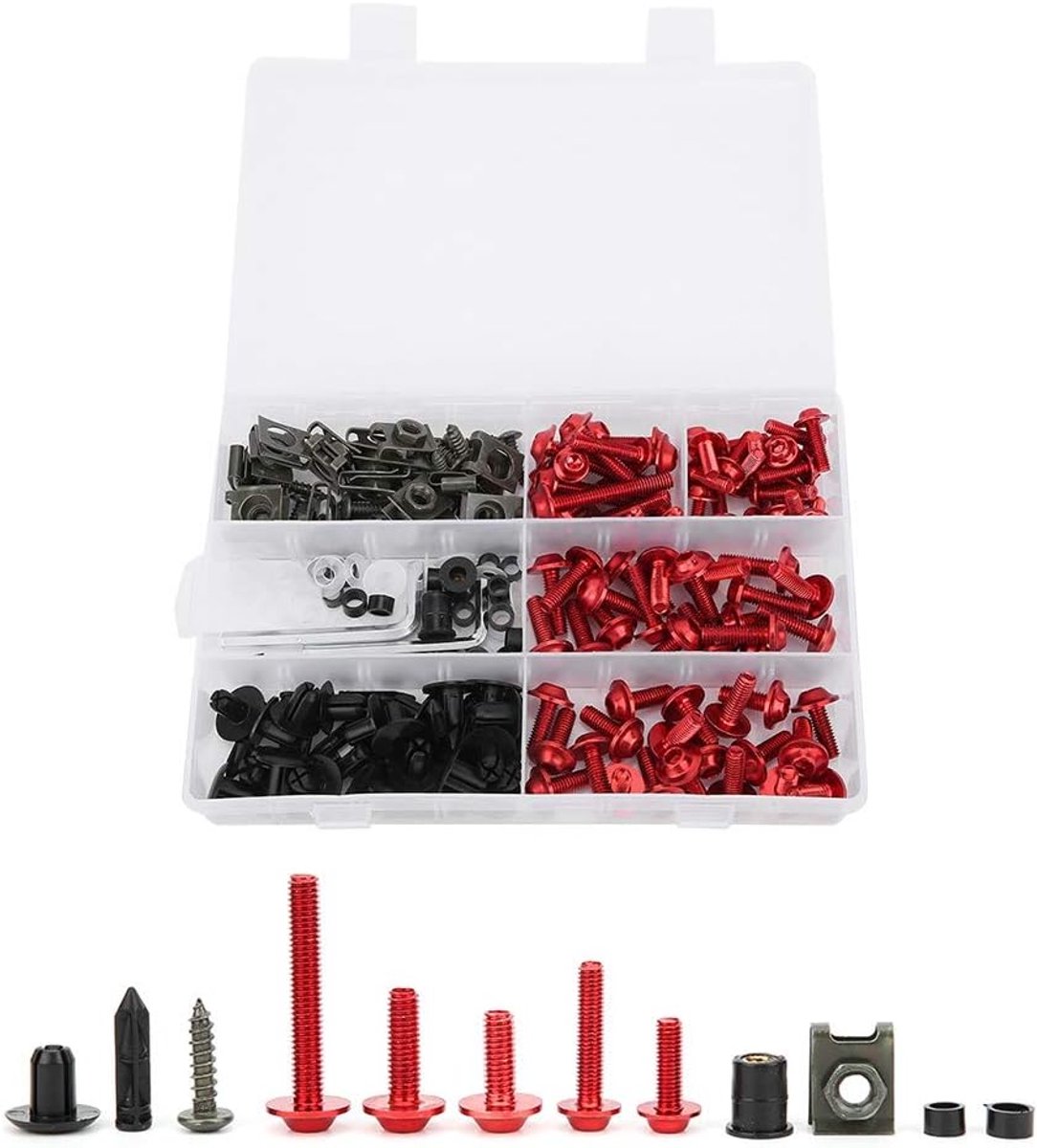 Motorkuipboutset 198-delige M5 M6-motorruitschroeven Kleurrijke bevestigingsmiddelen Kuipbouten Moerclips-set Montagesets Ringen Moeren(Rood)