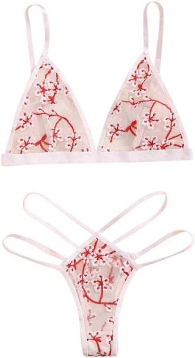 Vrouwen Erotische Lingerie Beha G-String Ondergoed Doorzichtige Nachtkleding Sexy Borduurwerk Kostuum-Red_S