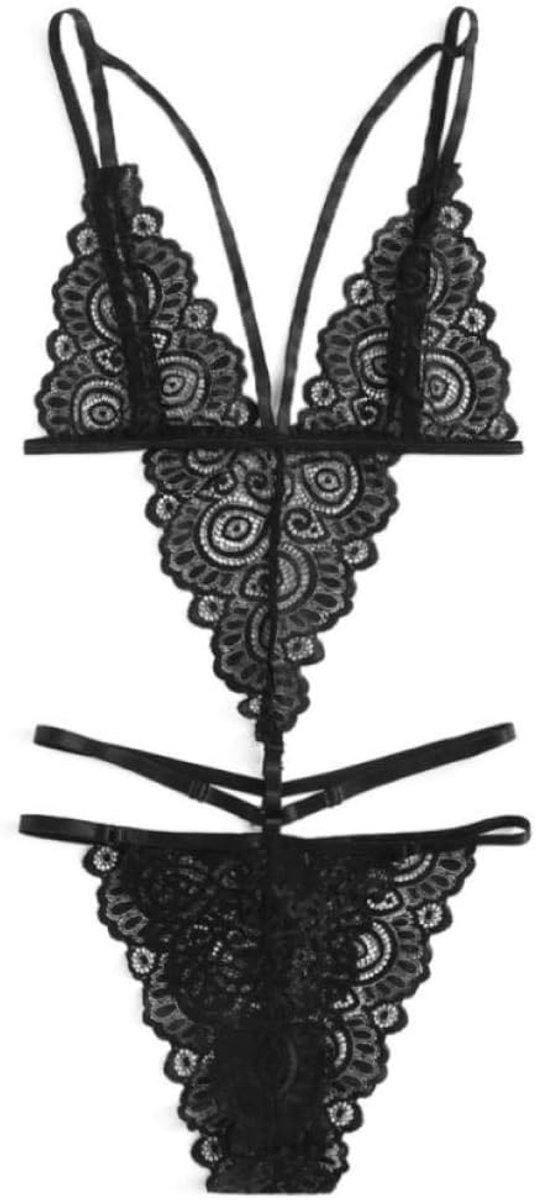 Nachtkleding kant lingerie nachtjurk lingerie sexy jurk met string voor damesDames Ondergoed Set Lingerie Set Sexy Kanten Lingerie Ondergoed Bodysuit Zwart Nachtkleding Jumpsuits