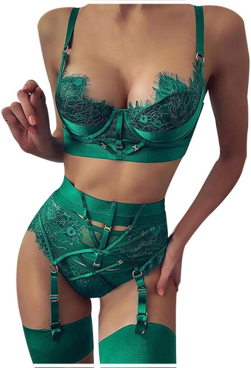 Dames Lingerie Sexy Ondergoed Kanten Pyjama Kousenband Set Thong-green_L