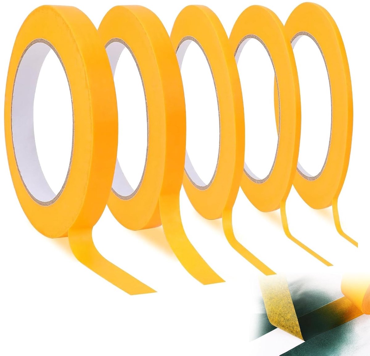 Masking Tape, 5 rollen zelfklevende fijne lijntape, 3/5/8/10/12 mm fineline tape, afplakband, schilderband voor autolak, schilderwerk, decoreren, oranje