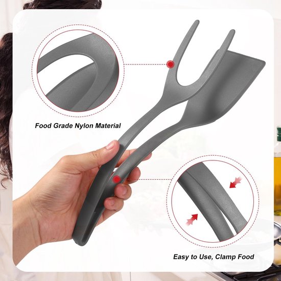 2 in 1 Eierspatel, Antiaanbaklaag Nylon Gebakken Eierdraaiers 2 in 1 Spatel en Tang voor koken Omklapbare Spateltang Grillklemflipper 2 in 1 Schep Keukengereedschap voor Toast Taart (Grijs) — afbeelding 4
