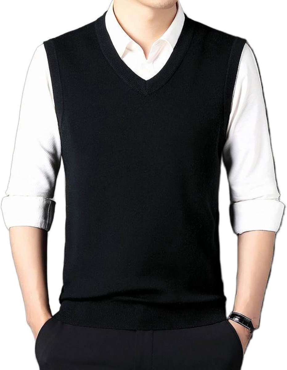 Jeugd Heren Vest Met V-Hals, Klassieke Slanke Mouwloze Trui Effen Kleur Mouwloos Gebreid Vest, Casual Zakelijk Heren Gebreide Vest Trui Tanktops, Zwart, S