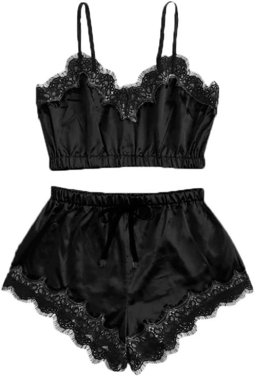 Vrouwen Erotische Nachtkleding Sexy Lingerie Bh Slips Ondergoed Verleiding Kant Satijn Kostuum S-2XL-Black_M
