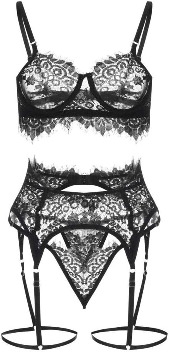 Lingerie Dameslingerie 3 ST Sexy Dames Ondergoed Kanten Beha Hol G-String Verleiding Kousenband Porno Vrouwen Lingerie Nachtkleding Set-Black_XL