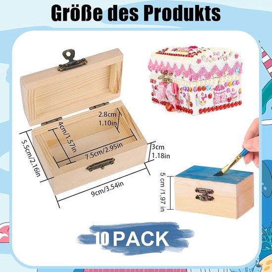 Houten schatkist, 10 stuks, mini houten schatkistje, sieradenkistje, "doe het zelf", kleine houten kist met deksel, geschikt voor opslag en — afbeelding 2