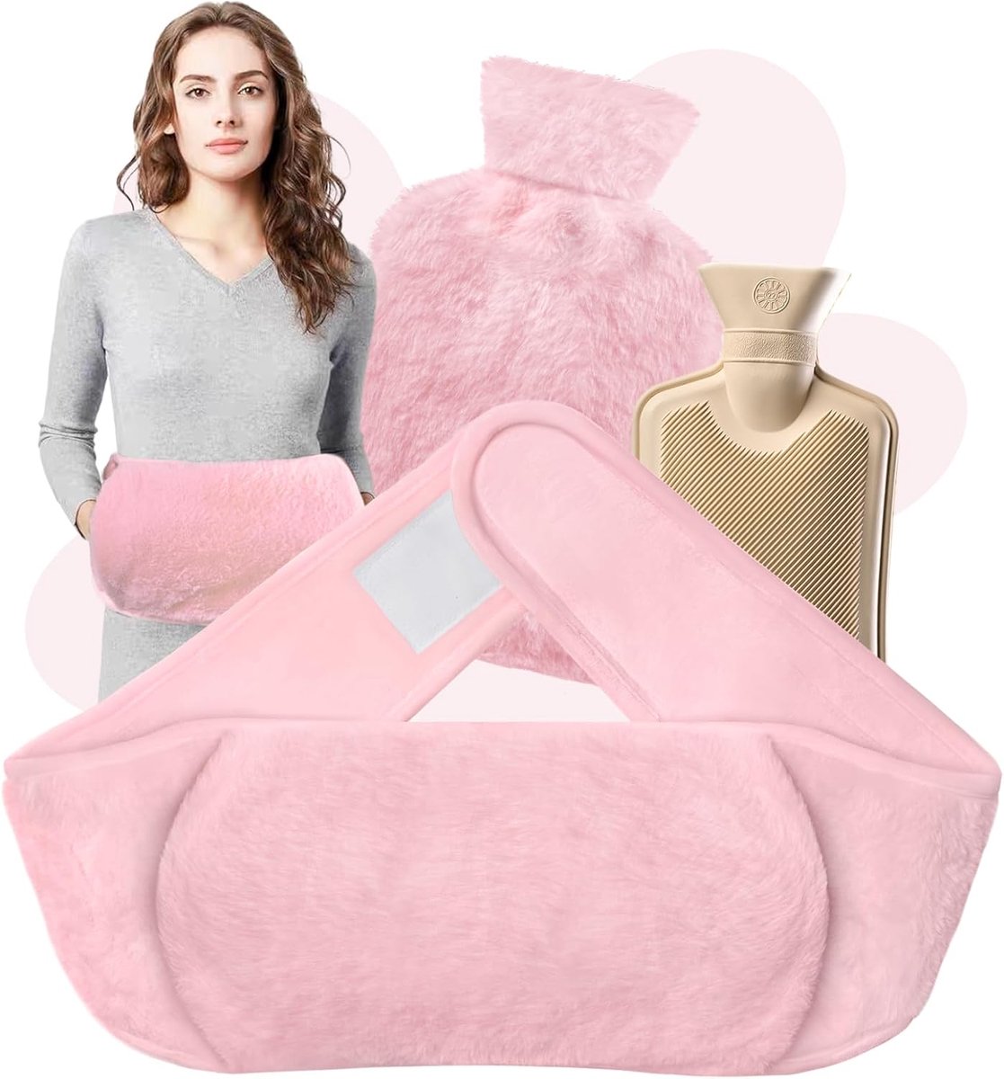 3-in-1 warmwaterkruikriem, 1,2 l warmwaterkruik met hoes, rubberen warmwaterkruik voor pijnverlichting, voor nek, schouder, rug, taille, menstruatiepijn, voor kinderen, volwassenen, ouderen en vrouwen