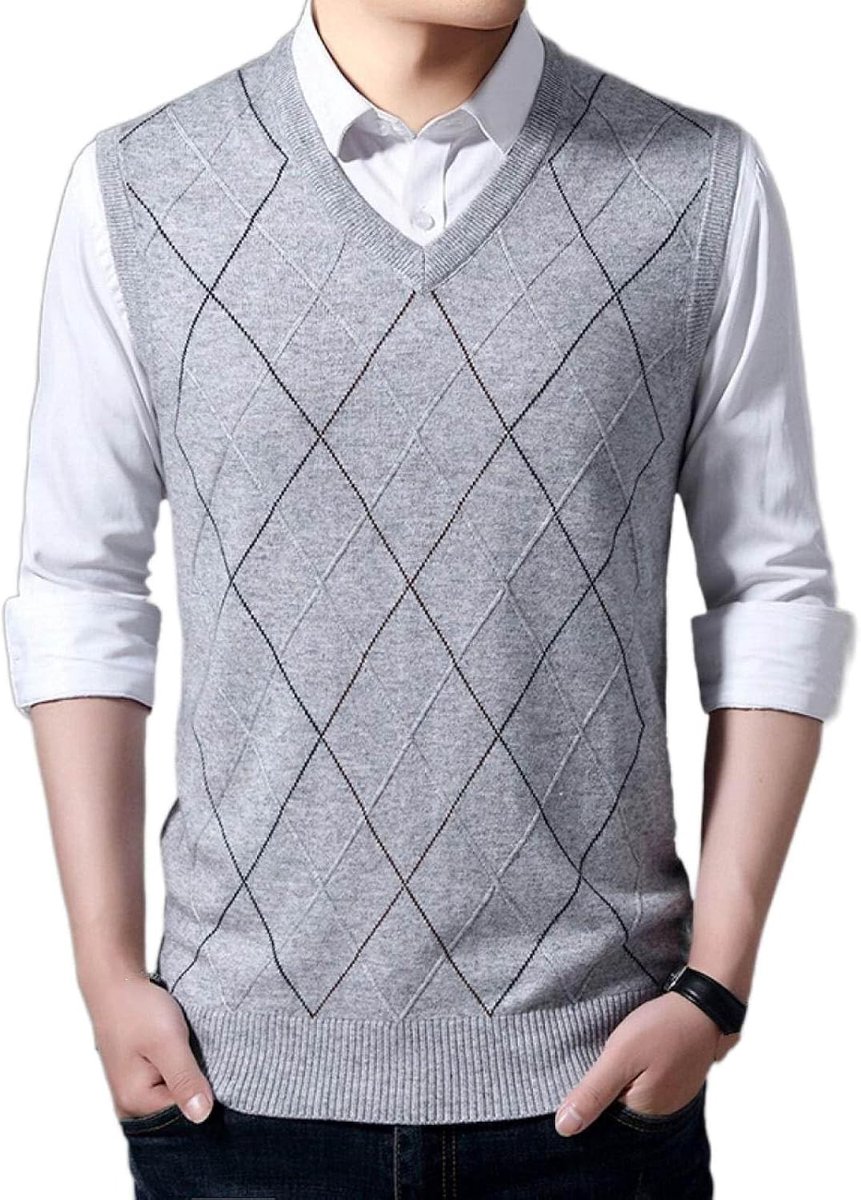Kasjmier Gemengd Argyle V-Hals Gebreid Vest, Herfst En Winter Klassiek Kleurcontrast Casual All-Match Mouwloos Vest Pullover Herenkleding, Gentleman Knitwear Sweater Tank Tops, Lichtgr