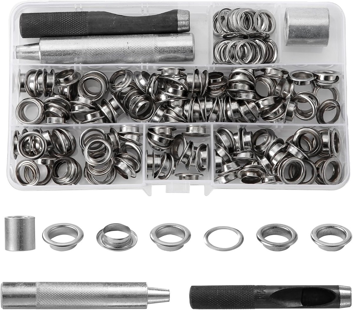 150-delige gereedschapsset met ogen 10 mm, set ogen, ogen voor zeildoeken, oogtangen, gereedschapsset met ogen voor zeildoeken, gereedschap met opbergdoos voor stoffen, leren zeildoeken
