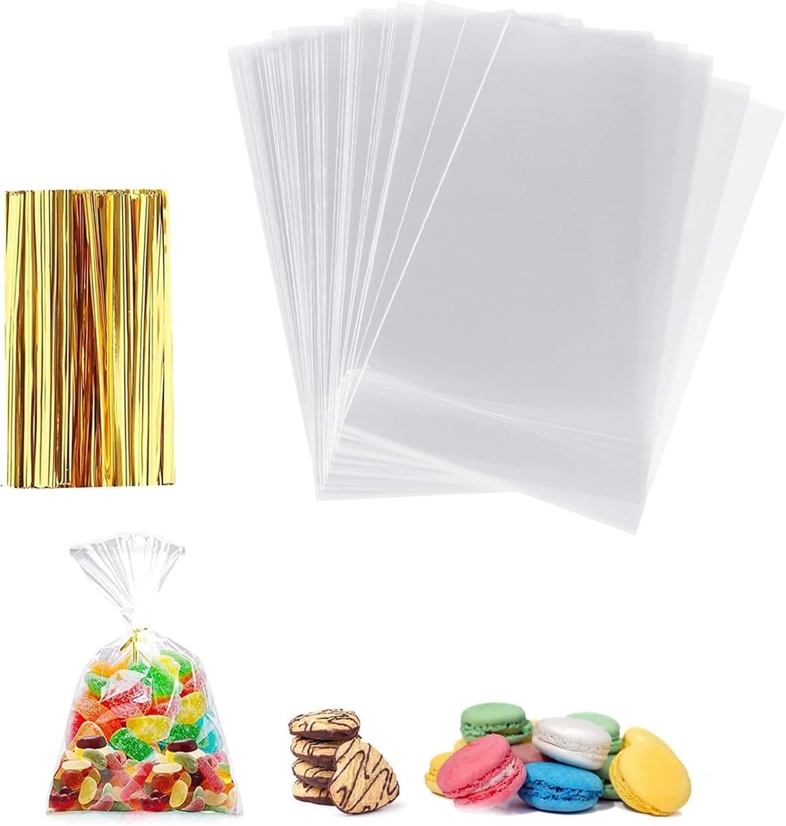 Zakjes om te vullen, 100 stuks cellofaanzakjes, transparant, 20 x 30 cm, transparante zakjes om te vullen, met metalen banden, voor bruiloft, verjaardag, Kerstmis, chocoladebrood