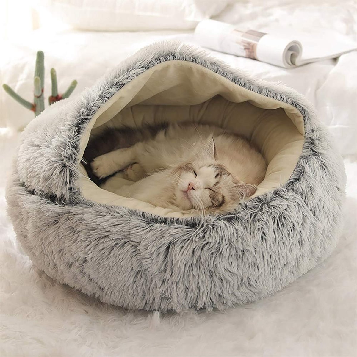 Kattenbed rond zacht pluche gravende grot capuchon kattenbed binnen winter warm huisdier slaapkussen anti-slip machine gewassen bed voor kat puppy,Grijs,50 cm