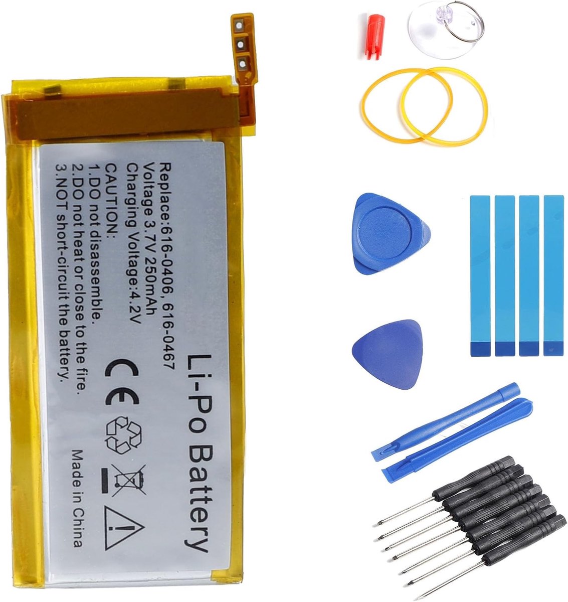250 mAh, 3,7 V, 616-0406, 616-0467, compatibel met iPod Nano 5 5th A1320, compatibel met iPod Nano 5. Gen 5G, 8 GB, 16 GB, MP3, Li-Po-muziekspeler, accu + reparatiegereedschap