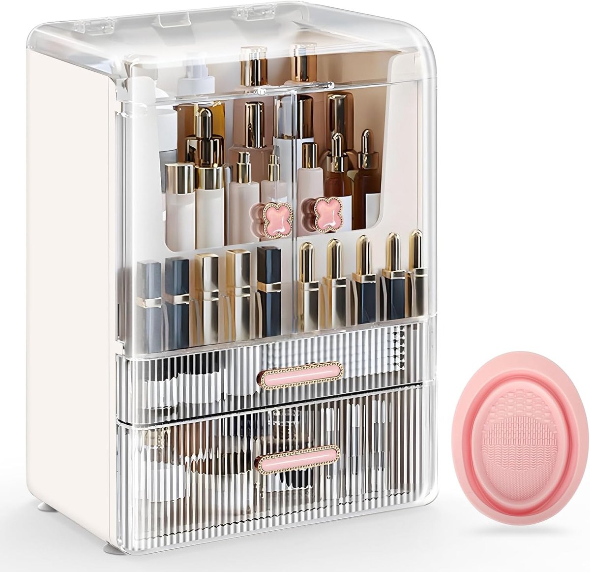 Cosmetica-opslag met deksel, laden, stofdicht, cosmetica, make-up-organizer, beautybox, hoge grote capaciteit, voor slaapkamer, badkamer, kaptafel, wit2