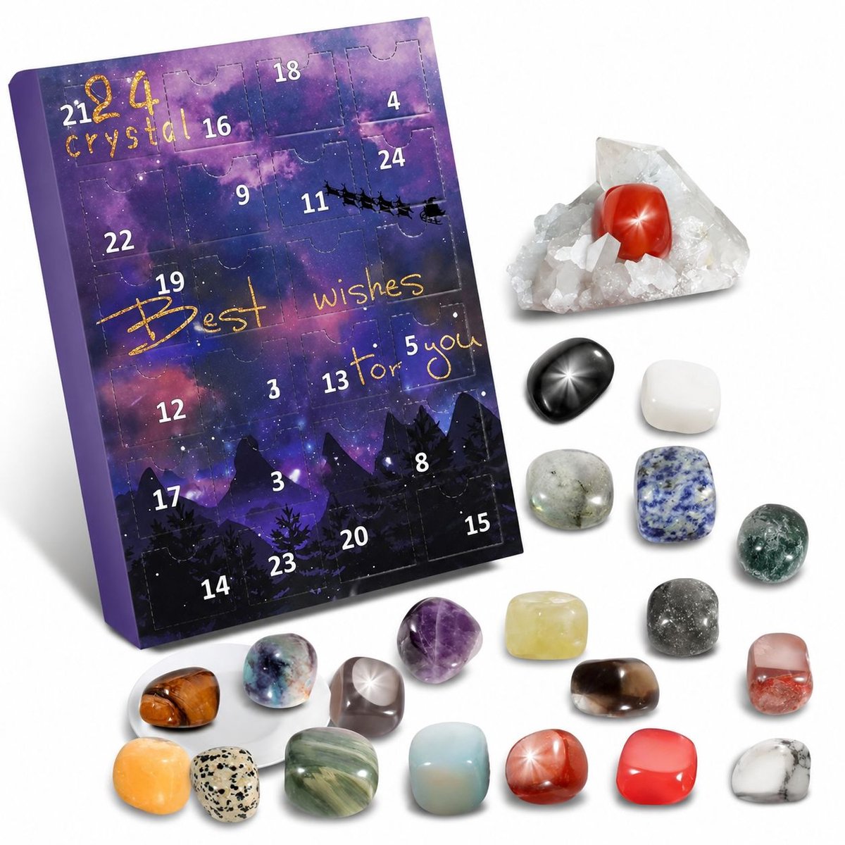 VHV - Adventskalender - Paars geschenkdoos - 24 soorten kristallen - Countdown - Rituals - Volwassene, kinderen, jongens - op reis
