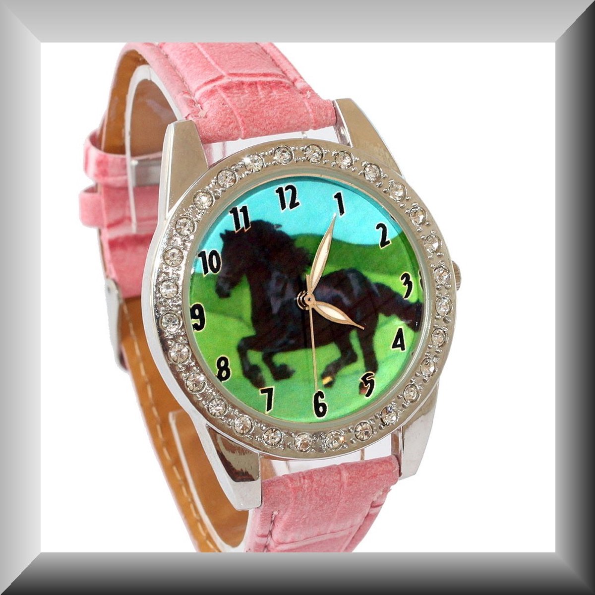 Hetty'S - Elegant horloge met Fries paard & schitterende zirconia’s - Diverse kleuren - Witte - Rode - Zwarte en Roze band
