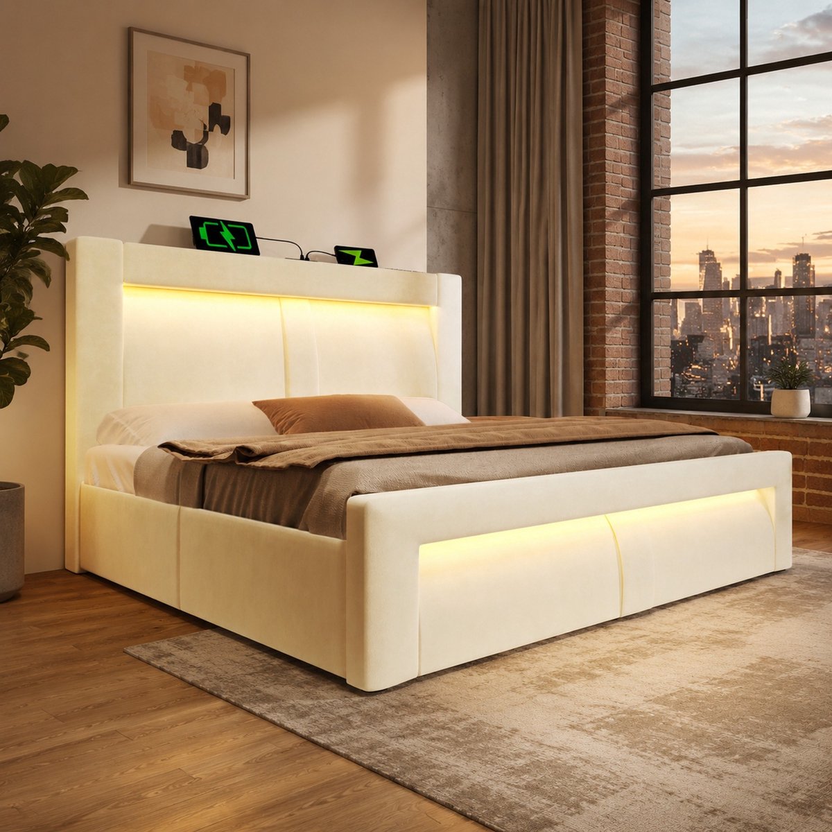 WUVRIE Tweepersoonsbed 160x200 cm met hydraulische opbergruimte, LED, USB en Type-C, beige