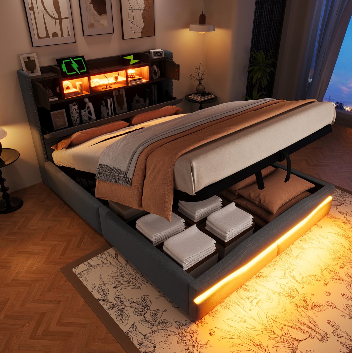 WUVRIE Gestoffeerd opbergbed 140x200 cm met hydraulische opbergruimte, LED en USB-C Grijs